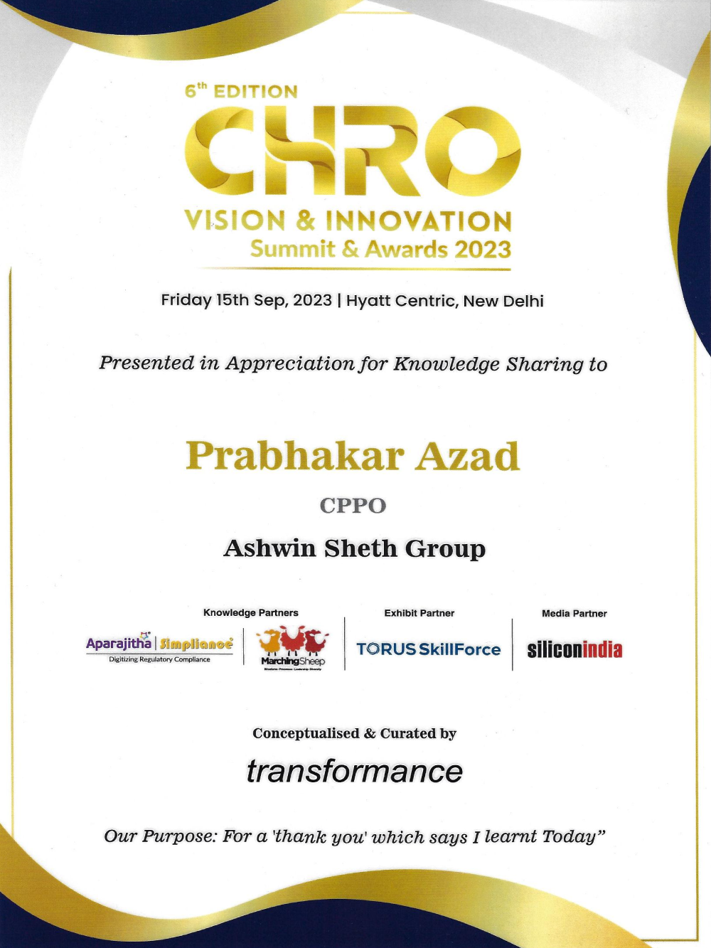 Prabhakar Azad - CHRO Vision & Innovation Award and Summit